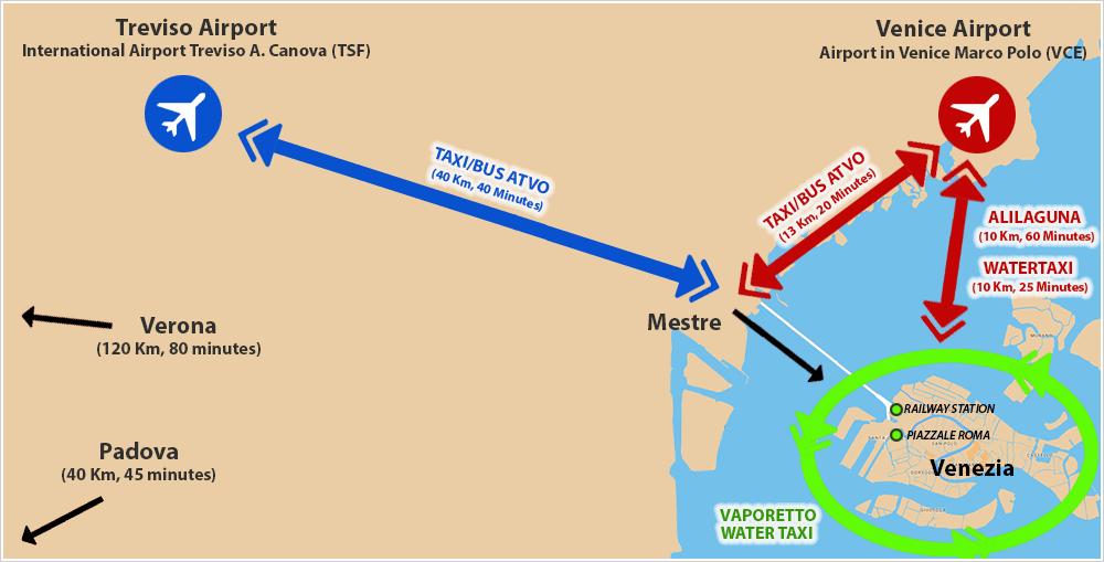 מפה של ונציה אל נמל התעופה ואל תחנת הרכבת - מפה של ונציה ...